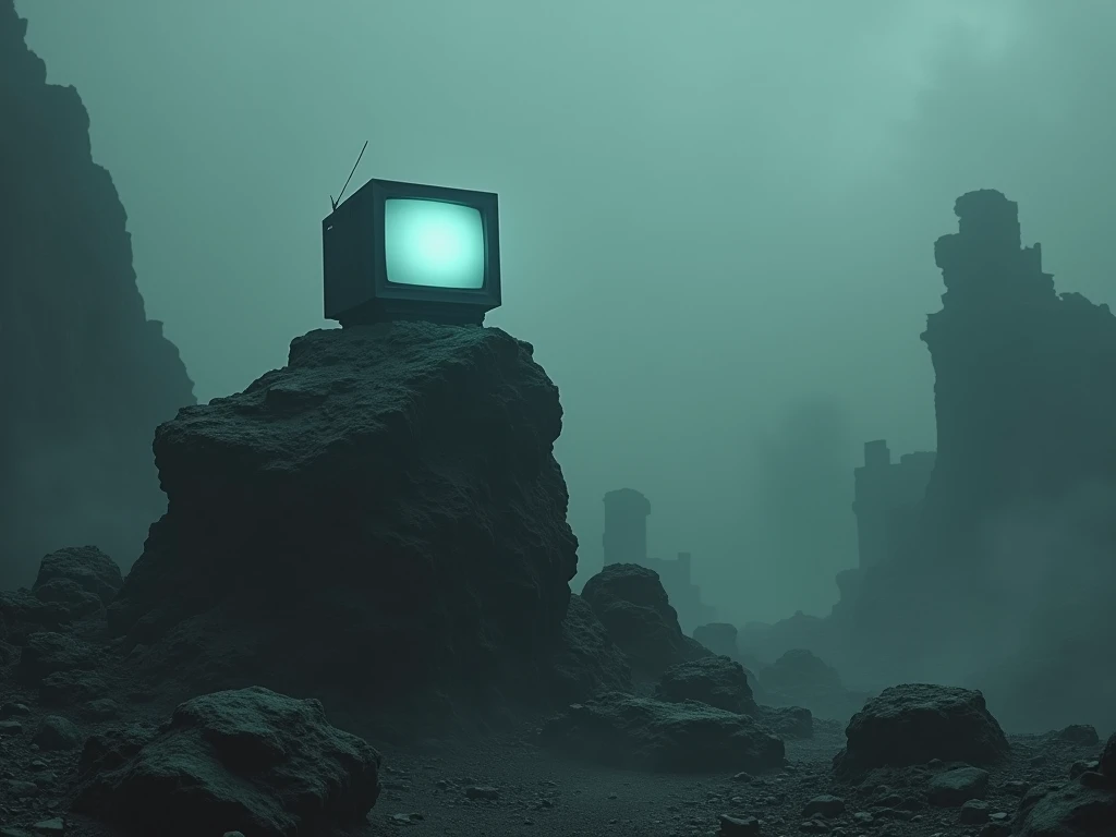 a scenario.  Theres a television on top of a rock. An area with ruins, Dark fog, dark, sombrio. 