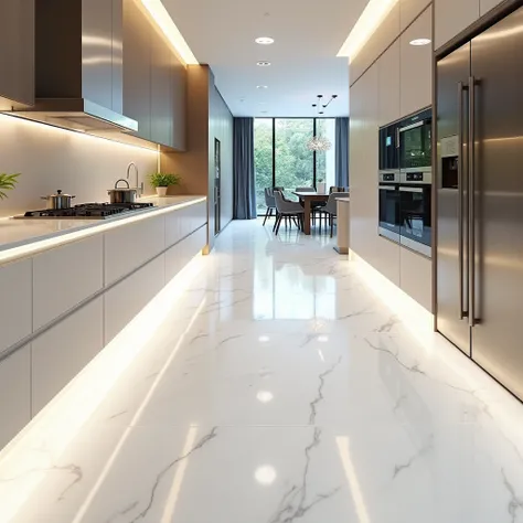 create amazing epoxy floor design that is mainly white and glorifies and complements the kitchen