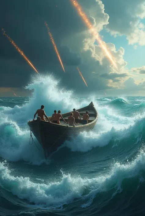 Take a boat amidst tsunamis with several meteors falling from the sky, realistic