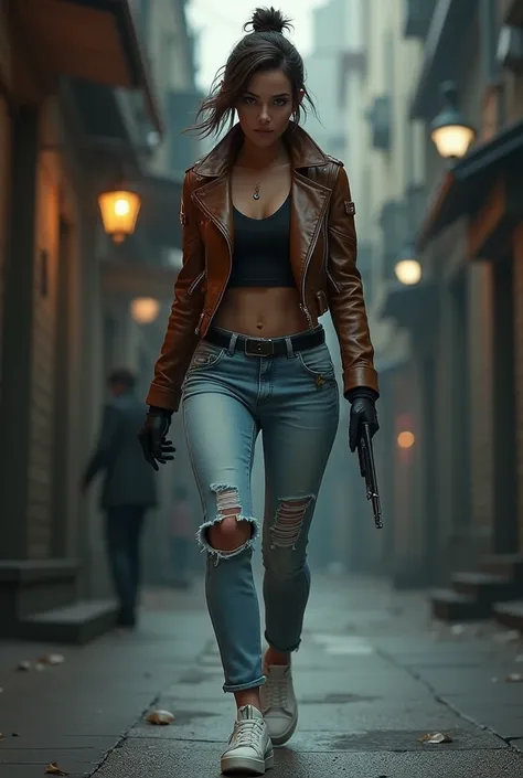 female secret agent wearing a short brown leather jacket with a zipper on the wrists and white sneakers and a torn light blue jeans