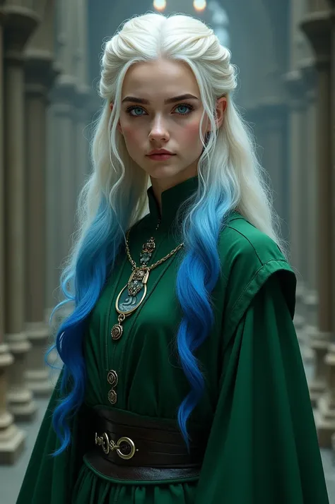 Daenerys Targaryen if she were in the world of Harry Potter  " platinum blonde hair, almost wavy white, with blue locks at the ends of her hair and blue eyes"  wearing the Hogwarts uniform from the Slytherin house  