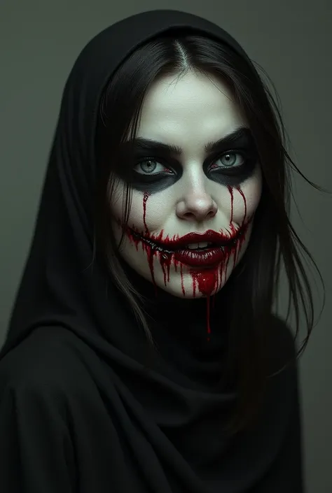 (Name: Shakirah Humairah), Pretty, Black Eyes like Eyeball Black Tattoo, Using Hood, Her Mout and Jaw Like Open With Blood, Like it ripped out, Bloody, Smiling Creepy