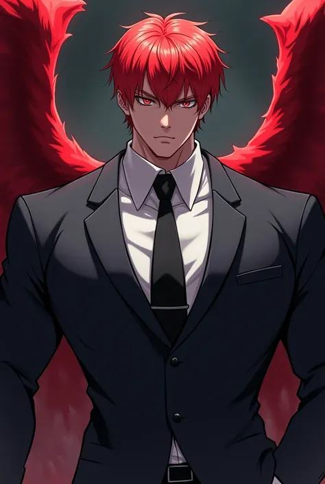 A muscular man with red hair and eyes, wearing a suit and a red wing, with a handsome face and a villains face, short straight hair, broad shoulders and skin. Anime-style and dark.