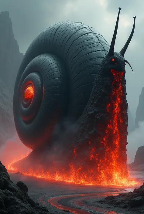 Giant mythical black snail with a fiery red trail with a black spiral shell with hot orange cracks 