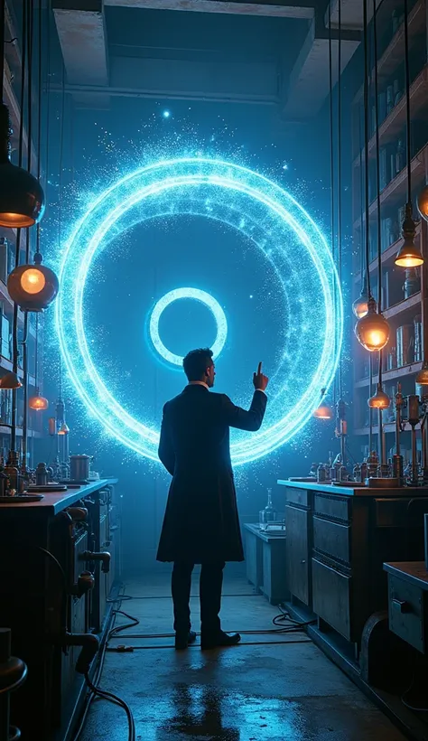 **1. Nikola Tesla Activating a Giant Time Machine in His Laboratory**  
Nikola Tesla stands in the center of a dark, cluttered laboratory, surrounded by sparking Tesla coils and glowing blue energy fields. A massive, futuristic time machine hums with power...