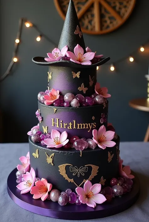  I want you to create a birthday cake that has the witch theme that  ,Have tarot cards that ,  have Sakura flowers ,  gemstones such as quartz ,  butterflies but that everything is a witch theme and the colors I want to have black purple pink and gold