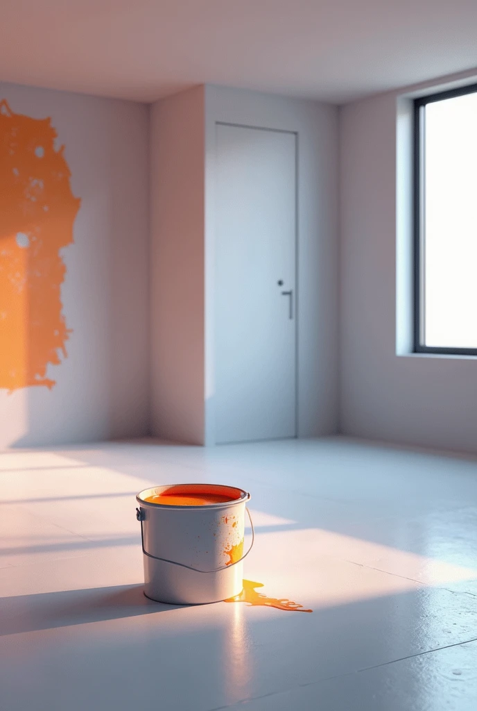 a room under renovation, a bucket of paint, a futuristic photo,