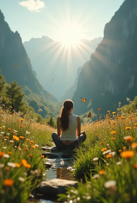 A short film for YouTube about a natural landscape that is not fictional ,  that has mountains and flowers bathed in the glare of the sun .  A woman sitting in the middle of the grass enjoying the bright sun ,  around her butterflies flutter and you can he...