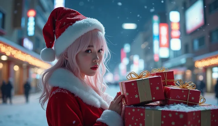 winter, a snowy night sky, a beautiful girl dressed as Santa Claus, lots of gift boxes, in the urban area, Tokyo, gorgeous cityscape, city shines with christmas decorations, fidgeting, blushing, medium length hair, pale pink and white hair, hair fluttering...