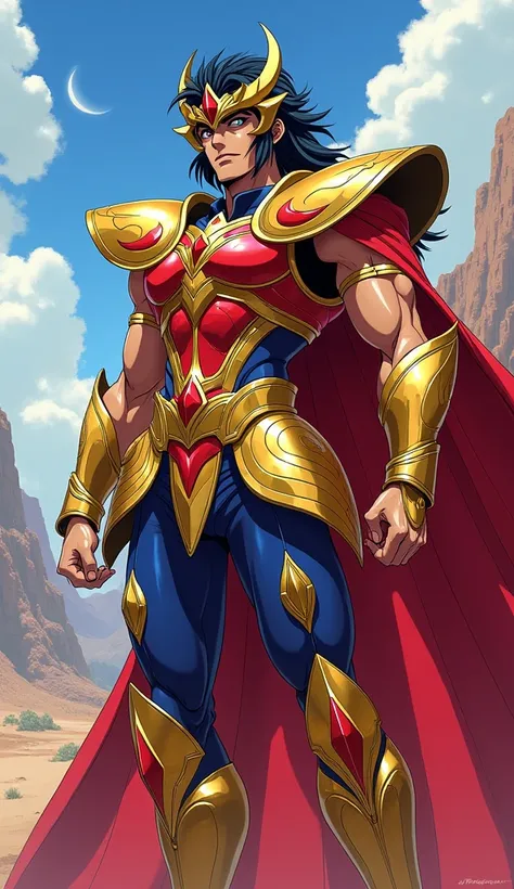 Imagine a character from the Saint Seiya cartoon, with armor and clothes with colors and elements inspired by turkey. Anime style from the Saint Seiya series.