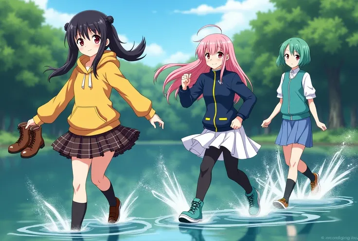  anime 3 girls , 
a girl, Karen Akatsuki, Red Eyes,  long black hair,  side ponytails over her chest , yellow hoodie , Hood on,  dark yellow brown checkered skirt ,  in her hand a pair of brown long lace-up boots with zipper in the back, standing knee deep...