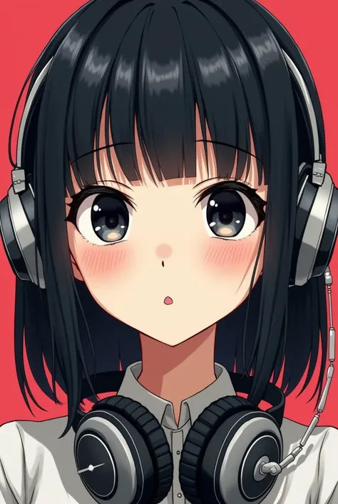 A woman with smooth black square hair with black almond-shaped eyes with pale skin and a luscious mouth wearing DJ headphones its a manga style , The second girl is blond with blue eyes and freckles, her skin is pale