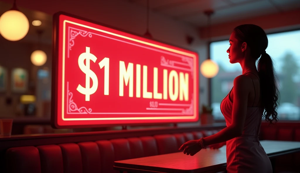 : A glowing $1 million check in the foreground with the silhouette of a waitress and a diner setting in the background. Bold text overlay: “Life-Changing Tip!” in vibrant colors.