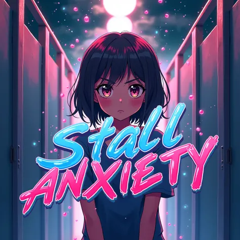 A vibrant and emotive shonen anime thumbnail featuring the title "Stall Anxiety". The image showcases a young woman with a determined expression, standing in front of a public restroom stall with a bold and colorful background. Shes surrounded by a swirl o...