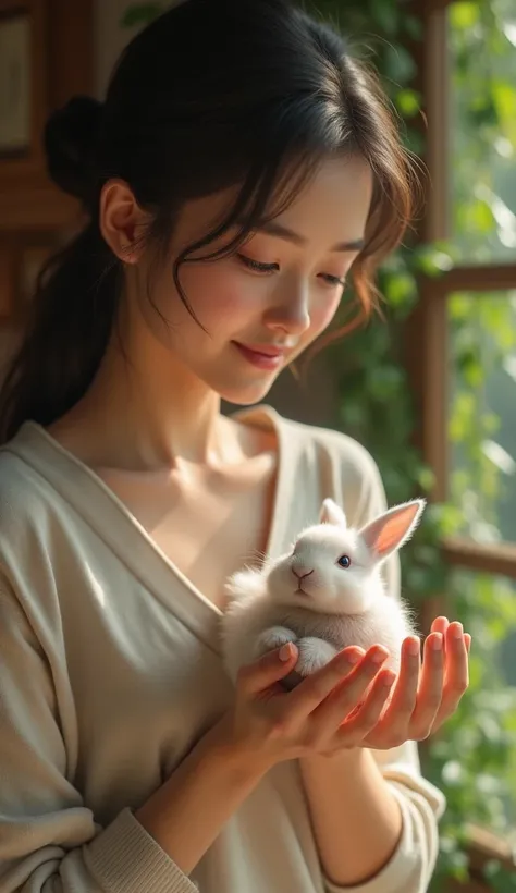 Human holding a rabbit in her hand 