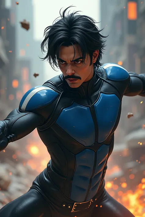 man, hero, high, slender,  black and medium hair , elasticity power ,  uniform blue black with white details, Fighting, using mustache, realistic 