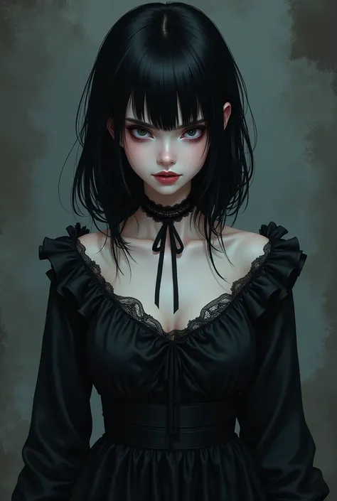 Draw a young Gothic woman without too much detail, much like Danganronpas style 