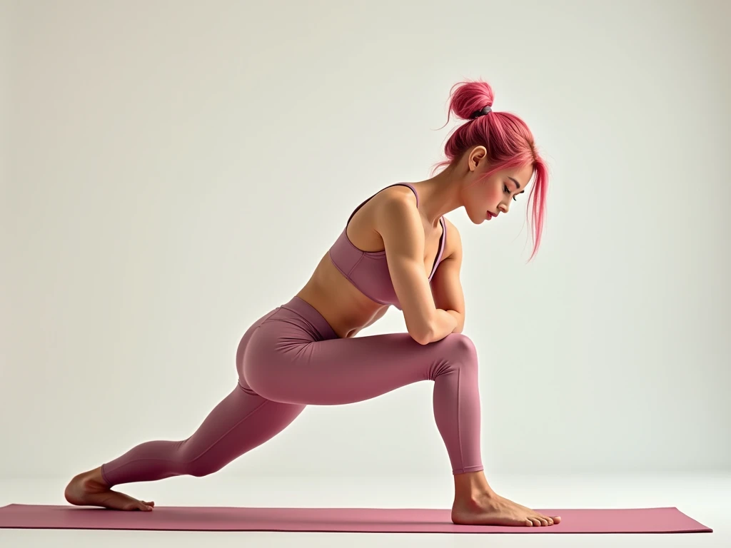 1 lady, cute, pink hair in pigtails, 20 year old, pert, source comic book, high resolution image, masterpiece, yoga, athletic stretch pose, yoga pants, concentrating, downward dog, 8k sharp focus