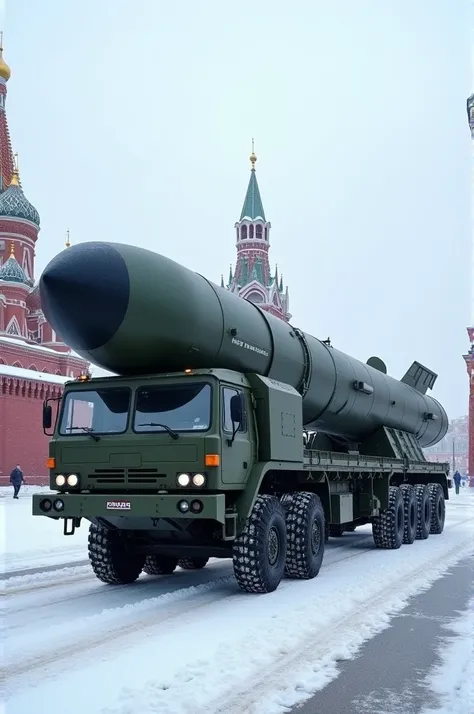 "A highly detailed military scene featuring a Russian Topol-M or RS-24 Yars intercontinental ballistic missile mounted on a massive 16-wheel MAZ-7917 transport truck. The setting is a snowy Red Square in Moscow, with the iconic Saint Basils Cathedral and t...