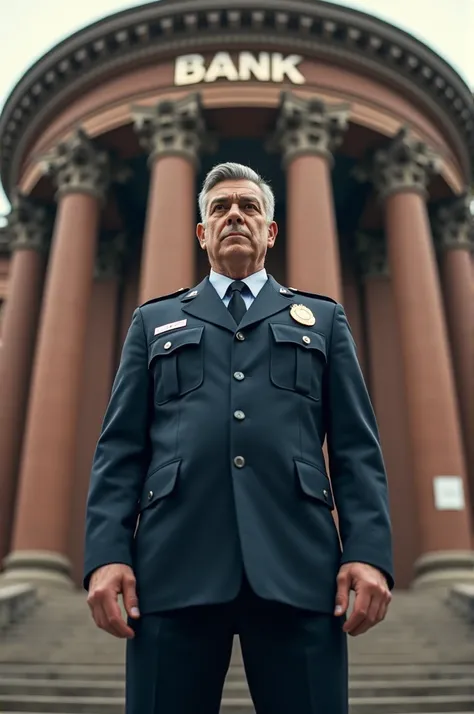 A man wearing a security guard uniform stands in front of a BRI bank