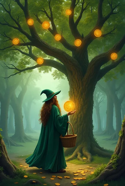 The wizard man in pointed hat with brown hair, basket in hand, seven great coins hang on the tree, green dress