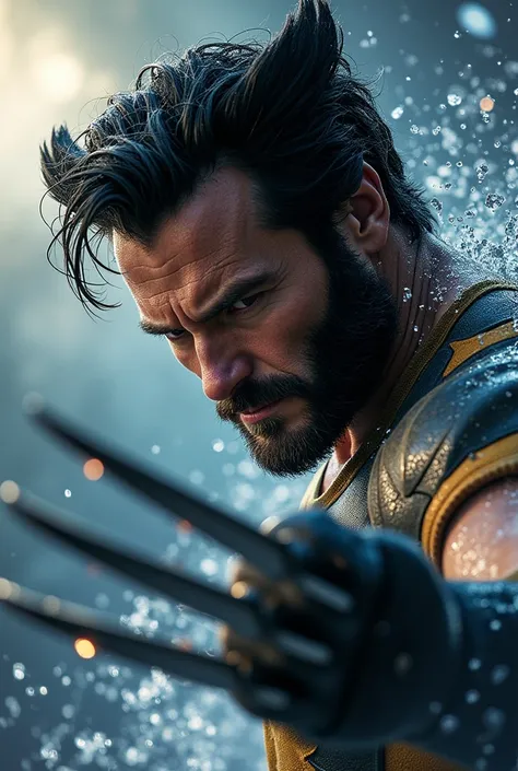 marvel cinematic universe ,(Best MzM .quality),  (detailed) ,  dazzling,  herrycavill de Wolverine,  black hair like Wolverine,  A man, 1 ,  fighting pose  ,  closeup water splashes gradient color perspective by Roger Deakins,, . superheroes, epic battles ...