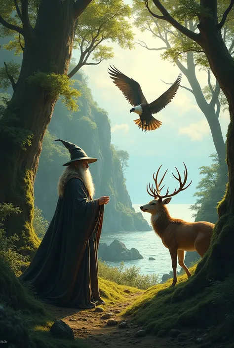 Merlin deer eagle Forrest sea mythic