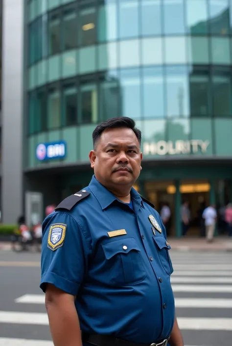 A 30-year-old Indonesian man wearing a security guard uniform stands in front of a BRI bank looking at the camera