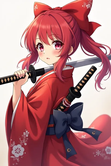 anime girl in kimono outfit with red bow and red hair, holding a sword on her shoulder, in a kimono, hanayamata, anime moe artstyle, in kimono, katanas strapped to her back, rin, ((wearing aristocrat robe)), zerochan art, anime visual of a cute girl, anime...