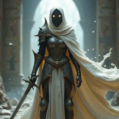 Realistic representation of a chess priestess with anthropomorphic features and armed with a sword and medieval armor, with a faceless mask in a full-body heroic pose, and a damaged white cape