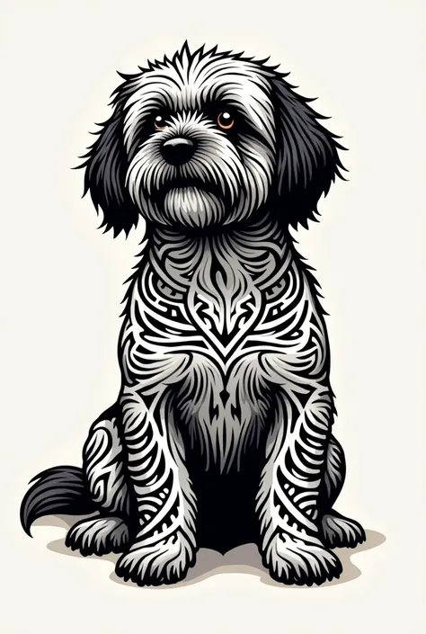  Tattoo of a seated dog, Lhasa Apso , with the coat completely in a tribal model