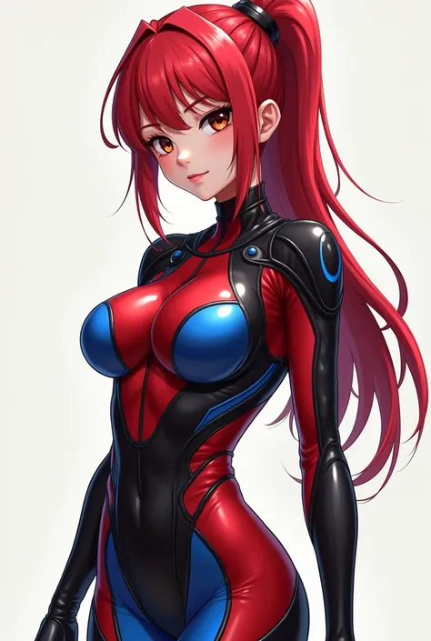 A beautiful anime girl with red hair with brown eyes dressed in a tight latex costume that is red, blue and black and let him see his full figure

