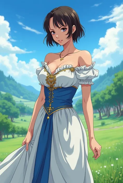  Anime-style animation one piece toei animation,  attractive woman with beautiful mature body with big hips, pretty waist and BIG BREASTS  ,linda , with short hair dark brown hair and very beautiful , 29 year old fair skin ,  dressed in a white Victorian d...