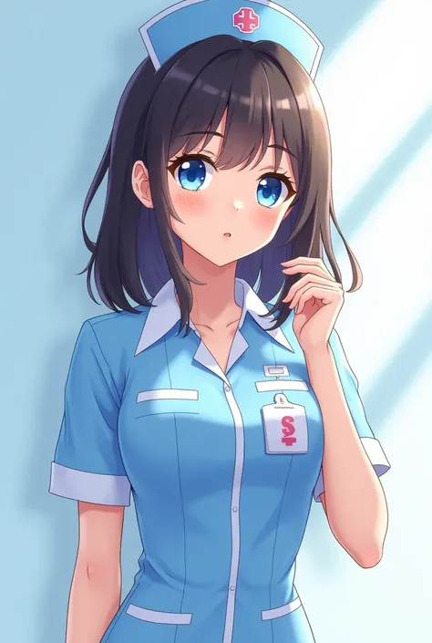  you can make an 18-year-old girl ,  white skin ,  dark brown hair and waist length,  sky blue eyes,sexy nurse costume in light blue color , anime style .