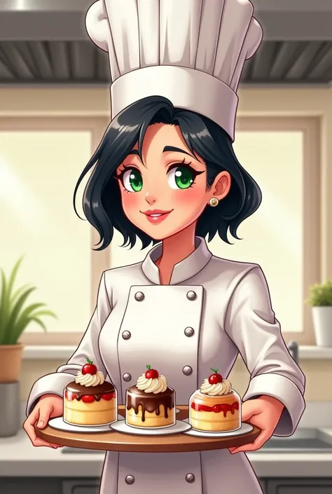   black hair, green eyes pretty chef holding 3 cake in the jar Girl in a chefs hat and uniform.Cartoon Character illustration of the art of
cartoon 