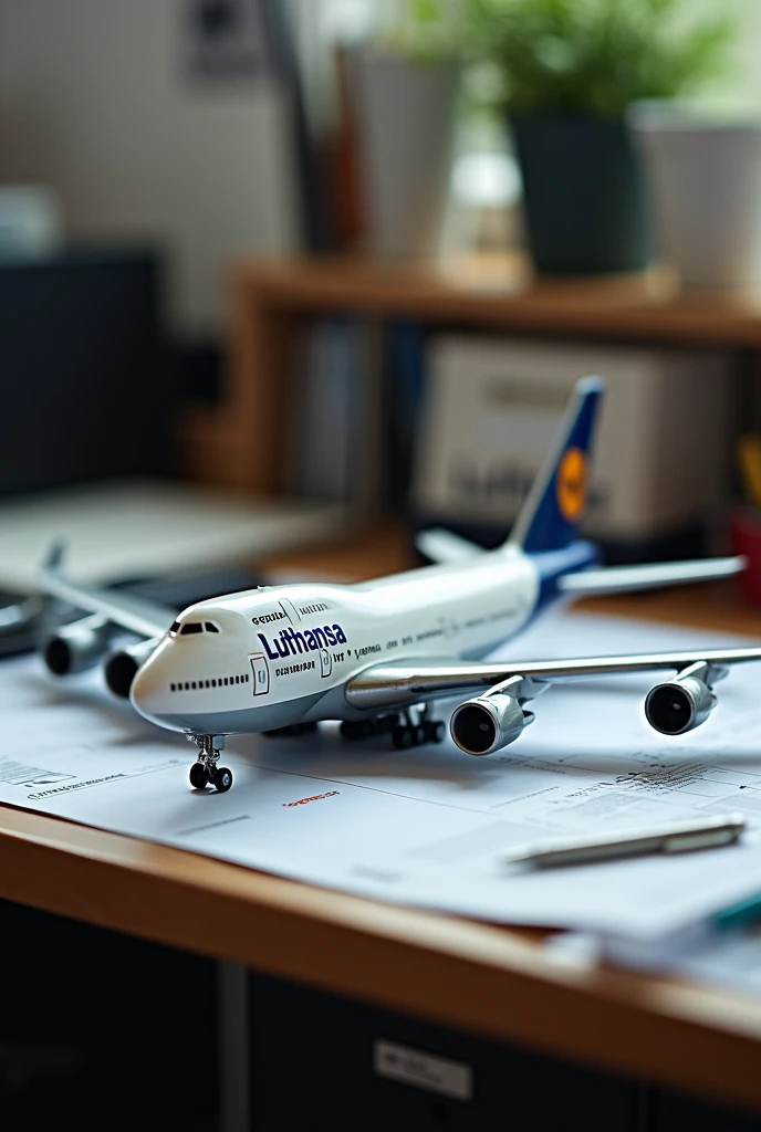 1/500 Geminijets model on desk B747 Lufthansa