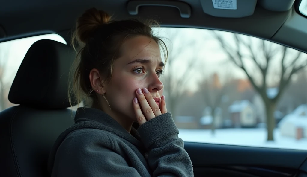 The image depicts a young woman sitting inside a car, appearing emotional and visibly upset. She is wiping tears from her face with her right hand, while her eyes are red and watery, suggesting she has been crying. Her facial expression conveys deep sadnes...