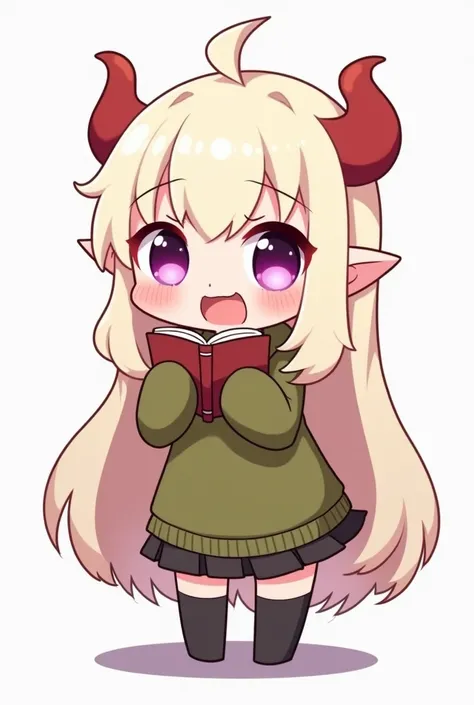  Generates the image of a chibi of an albino girl ,  with small and red horns ,  pointy ears ,  olive green sweater ,  purple eyes ,  that has its hair split in half , In the hairstyle of a little book ,  the hair that is long and cream-colored . Let her c...