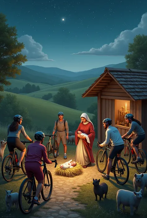 Create an image of the birth of Jesus and several cyclists around 