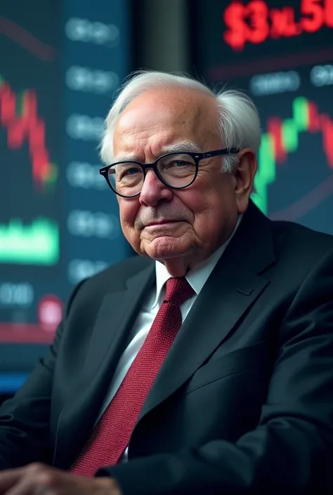 Create a striking and highly realistic image with Warren Buffet in the foreground, with a background featuring stock market and investment-related visuals. The image should include the slogan Build Your Future Today." Let me know if youd like further adjus...