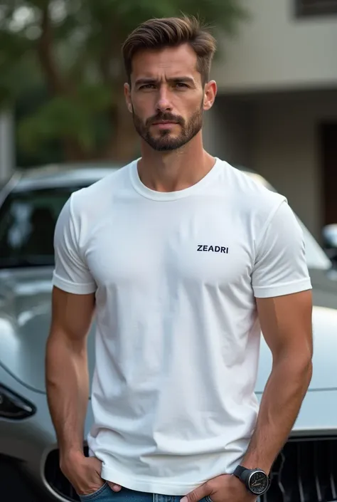 Man with money wears minimalistic t-shirt with ZEADRI embroided on left chest with capitals. Maserati on the background