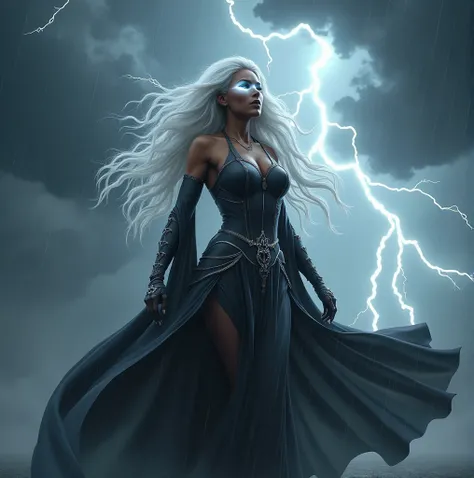 A powerful and regal woman with deep brown skin and long flowing white hair, standing amidst a dramatic stormy sky. Her eyes glow with an ethereal white light as lightning bolts crackle around her, showcasing her command over weather. She wears a flowing, ...