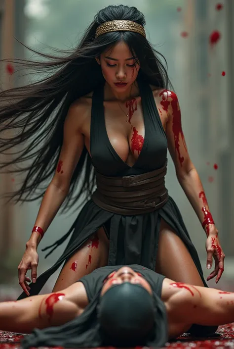 Hight quality, realistic, Very beautiful Korea girl, girl very thick hair, girl thick head band, blood spilled on girl hair, girl kill male, girl steps on body bag, male full face mask, male terrorist, girl cosplayer kitana mortal combat