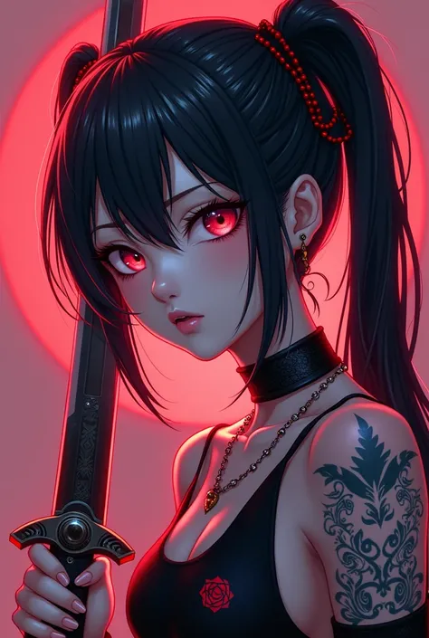 anime girl with tattoos and sword in hand, cyberpunk art by Young J , trending on CGsociety,  gothic art ,  detailed digital anime art , anime style 4k,  Anime art wallpapers 4K , Anime Art Wallpaper 4K, anime art wallpaper 8 k,  anime style detail work , ...