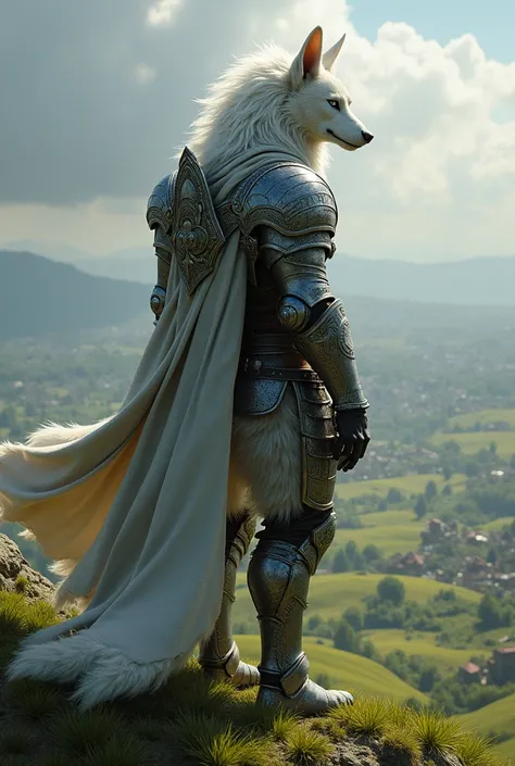 A tall sergal with white fur and full grey eyes, clad in a suit of armor as he stands over a hill, peering over at a battle insuing across the landscape