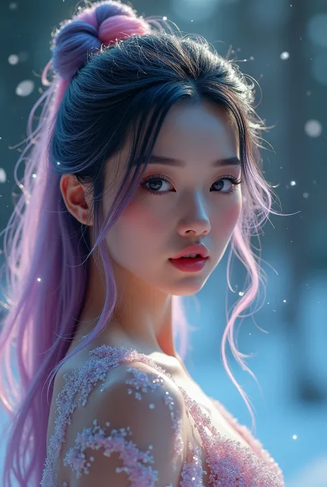 (Top quality,Masterpiece:1.3,Super high resolution),(Very detailed,8K),(Real:1.4,RAW shooting). Blurred background, mysterious background, glowing diamond dust, Japanese snow woman, sexy and attractive woman with full body transparency, shiny skin and larg...