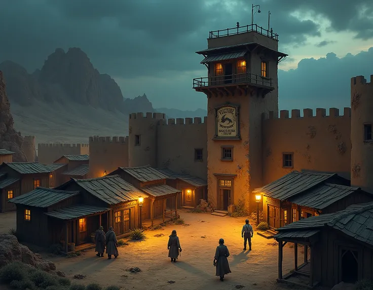  A Fortress with many houses surrounding the outside of the walls,  1920s style wooden houses , Population density ,  fortress with watch towers , Steampunk Desert Scenery ,  The village is a group of modest houses ,  built with clay and aged wood , surrou...