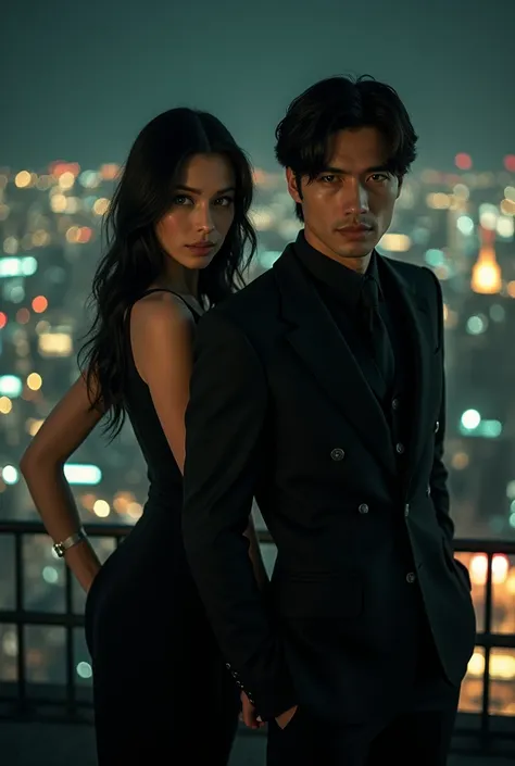  Create the image of a Russian woman with black hair and green eyes and of a Korean man with dark brown eyes and dark brown hair remember that they are mobsters and very handsome, they must be on the roof with the city in the background at night . The man ...