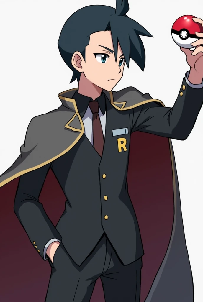 Create the image of a male Pokémon trainer with black hair , wearing black dress clothes with Team Rockets r symbol on the chest and a cape on the back. The trainer is holding a Pokéball with a serious expression on his face . The scene is dynamic, with a ...