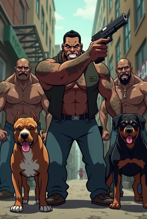 An animated picture of black s gangs with pitbulls and rottweilers holding glocks